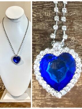 Girls Silver Tone Heart & Rhienstone Necklace with Blue Center